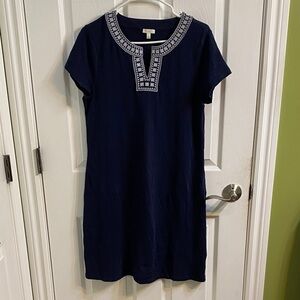 Talbots Cotton Navy White Embroidered Shift Dress Size Medium P Resort Travel
